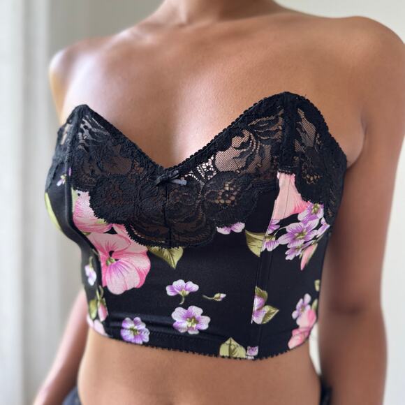 Vintage 90s Italian Black Floral Bustier Crop Top with Lace Trim (S, C cup) - Picture 5 of 12